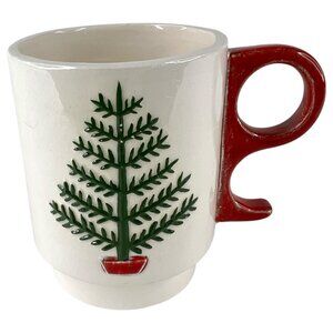 Vintage 1975 Hand Made Ceramic Christmas Tree Mug With Red Handle
